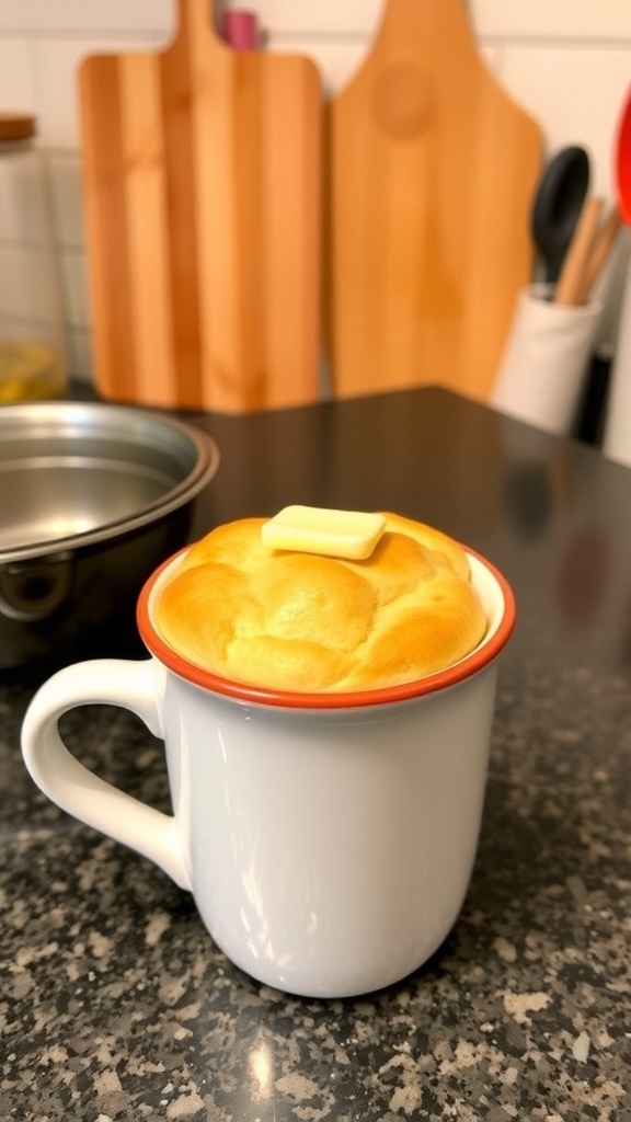 A mug filled with fluffy keto almond flour bread topped with melting butter on a kitchen counter.